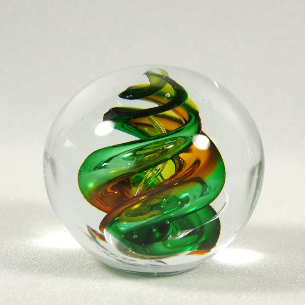 Signed Marian Pyrcak Handblown Crystal Art Glass Paperweight Green Copper Poland